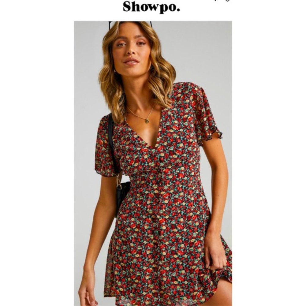 Showpo Maximum Potential Black Floral Button-Up Mini Dress Womens Sz 4  NWT